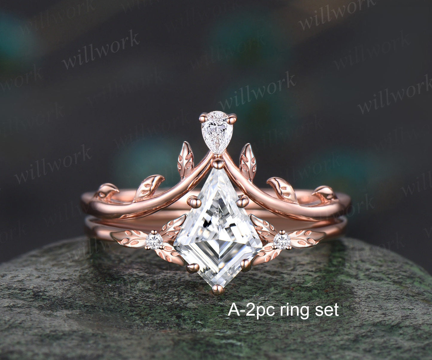 Kite cut Moissanite ring vintage leaf diamond ring unique nature inspired engagement ring women rose gold wedding bridal ring set jewelry