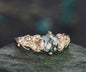 Hexagon moss agate ring vintage leaf opal ring 14k yellow gold unique butterfly engagement ring women Milgrain moissanite wedding ring gift