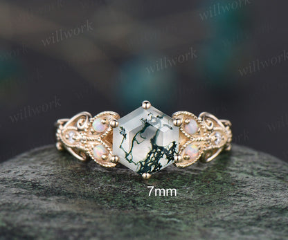 Hexagon moss agate ring vintage leaf opal ring 14k yellow gold unique butterfly engagement ring women Milgrain moissanite wedding ring gift
