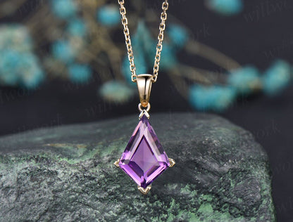 Kite natural Amethyst necklace solid 14k 18k rose gold vintage unique Personalized pendant for women her anniversary bridal gift mother