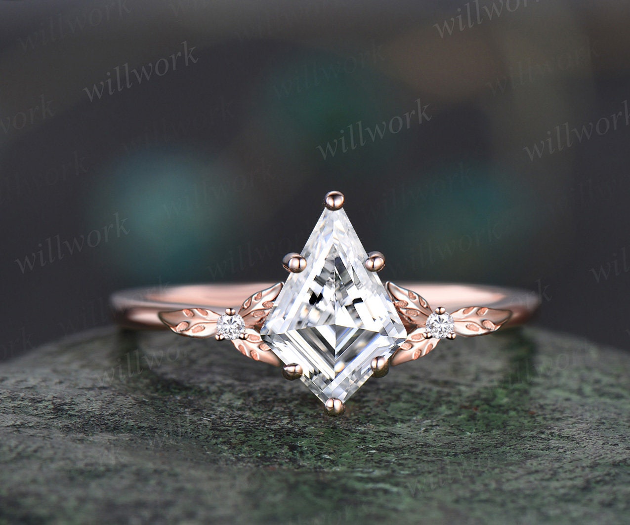 Kite cut Moissanite ring vintage leaf diamond ring unique nature inspired engagement ring women rose gold wedding bridal ring set jewelry