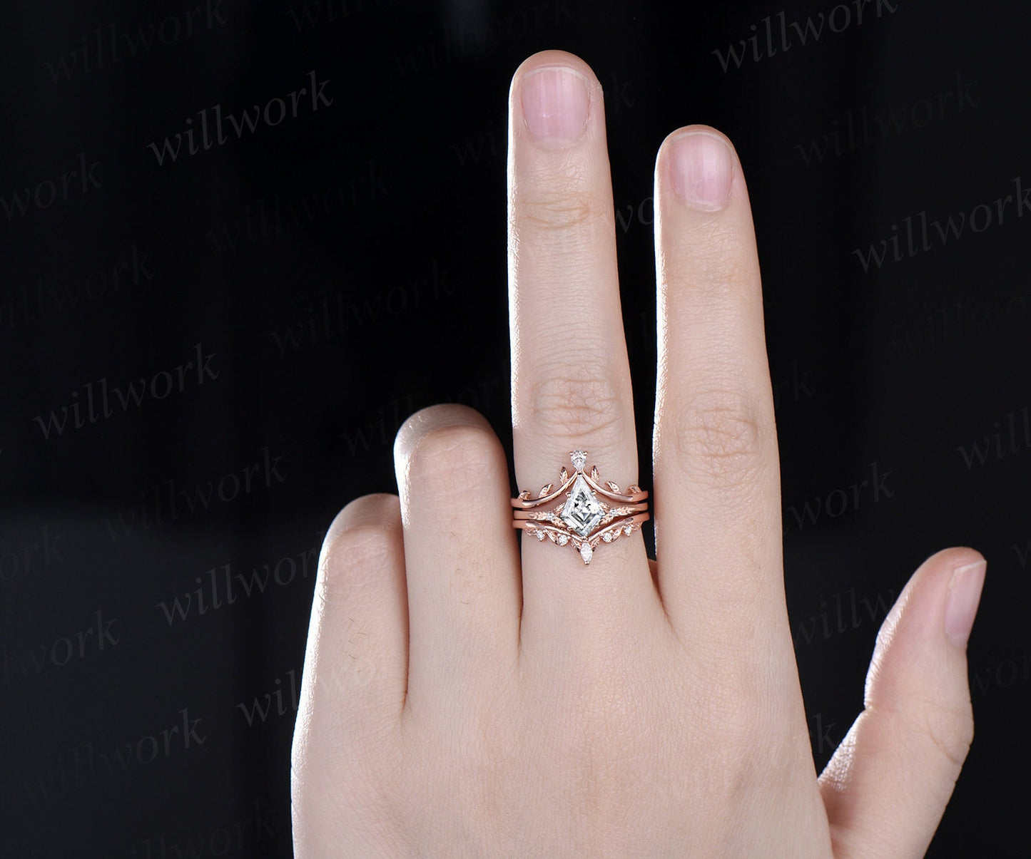 Kite cut Moissanite ring vintage leaf diamond ring unique nature inspired engagement ring women rose gold wedding bridal ring set jewelry