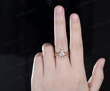 Kite cut Moissanite ring vintage leaf diamond ring unique nature inspired engagement ring women rose gold wedding bridal ring set jewelry