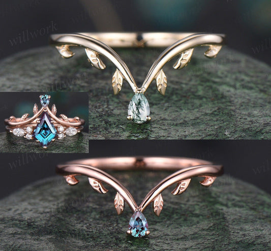 Nature inspired leaf pear moss agate alexandrite wedding band 14k yellow gold art deco vintage wedding ring band anniversary ring women gift