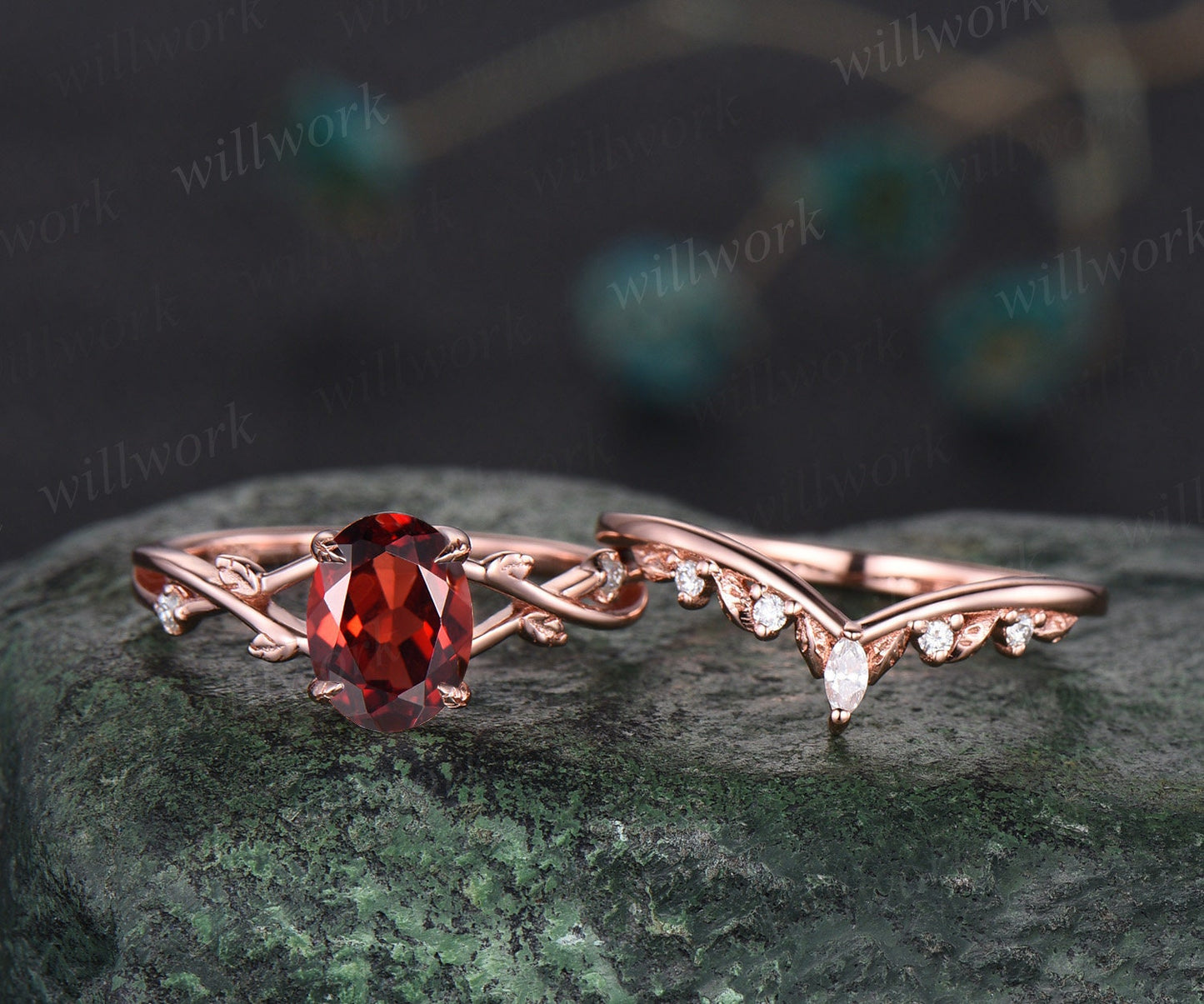 Vintage oval red garnet engagement ring nature inspired leaf three stone art deco diamond bridal wedding ring set women rose gold gemstone