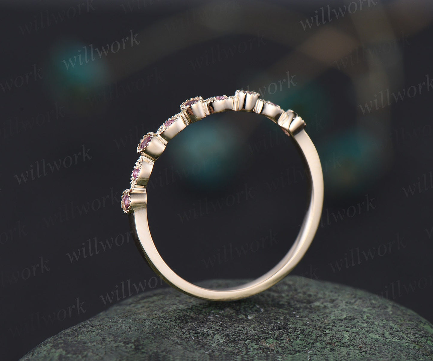 Milgrain bezel natural pink sapphire wedding band solid 14k yellow gold vintage art deco half eternity dainty wedding ring band women gift