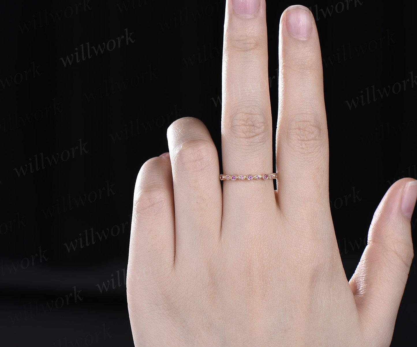 Milgrain bezel natural pink sapphire wedding band solid 14k yellow gold vintage art deco half eternity dainty wedding ring band women gift