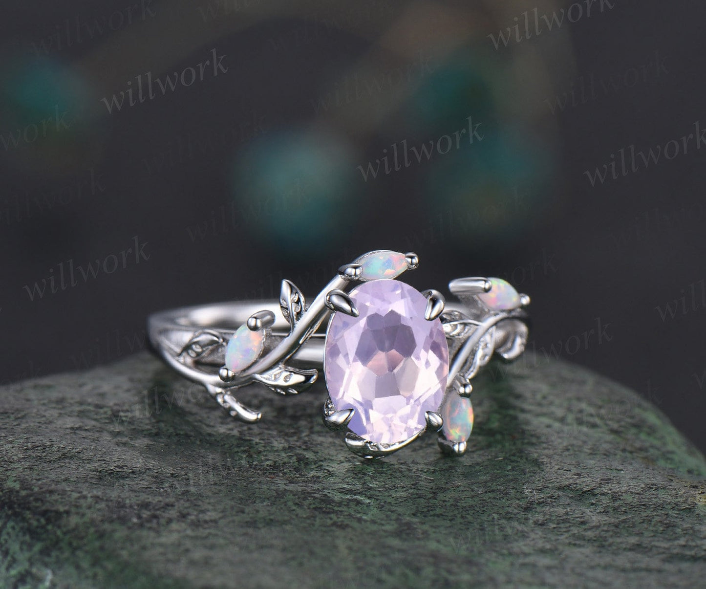 Oval Lavender Amethyst ring vintage leaf marquise opal ring women five stone unique nature inspired engagement ring twig wedding ring gift