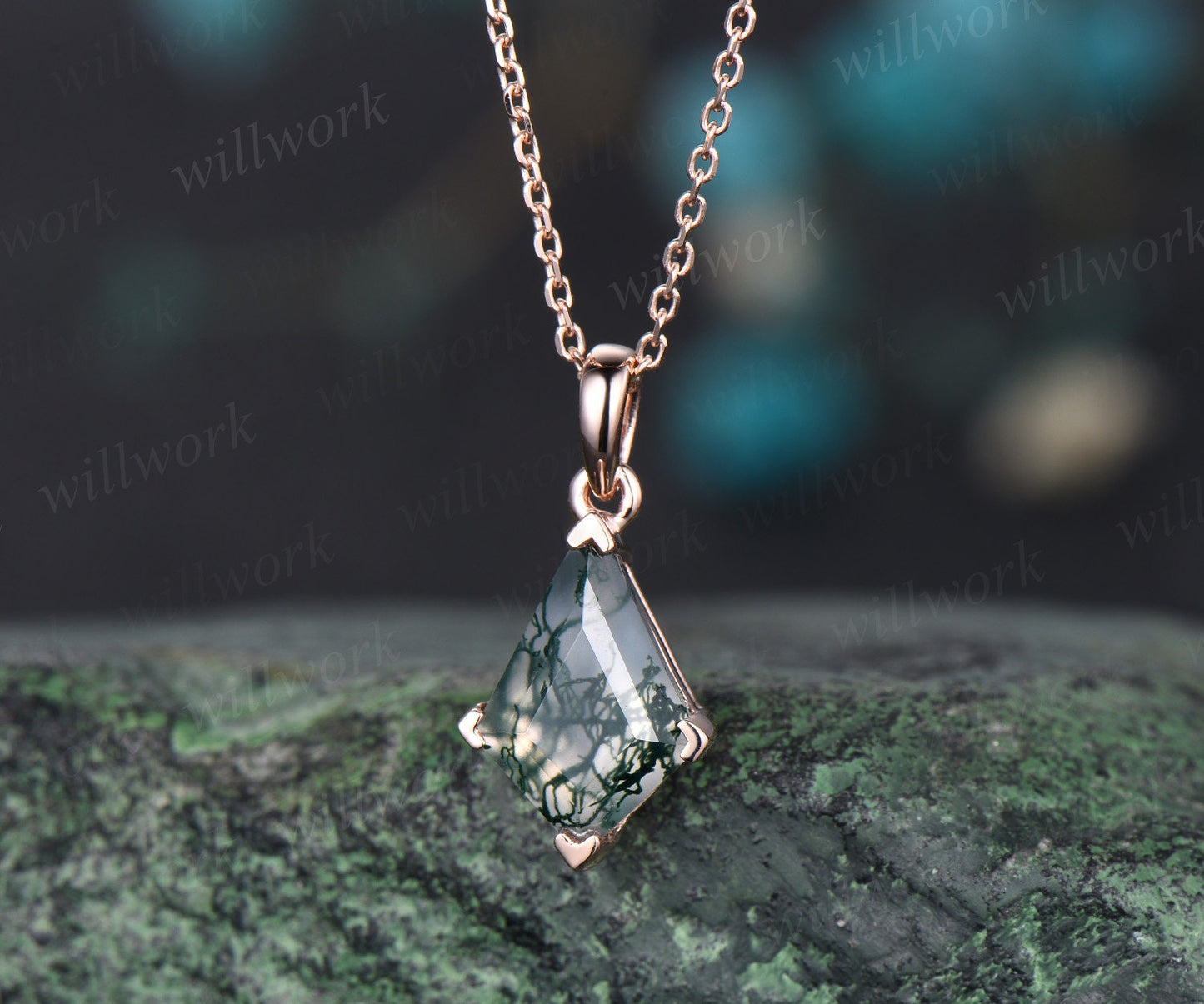 Kite natural moss agate necklace solid 14k 18k white gold vintage unique Personalized pendant for women her anniversary bridal gift mother