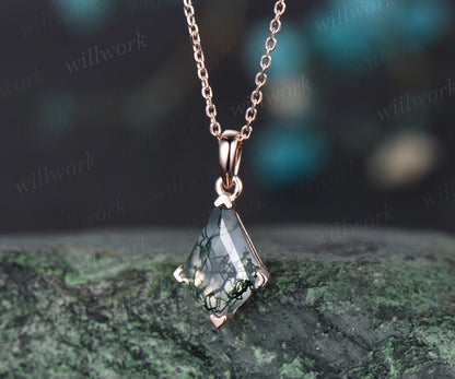 Kite natural moss agate necklace solid 14k 18k white gold vintage unique Personalized pendant for women her anniversary bridal gift mother