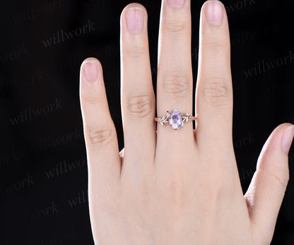 Oval Lavender Amethyst ring vintage leaf marquise opal ring women five stone unique nature inspired engagement ring twig wedding ring gift