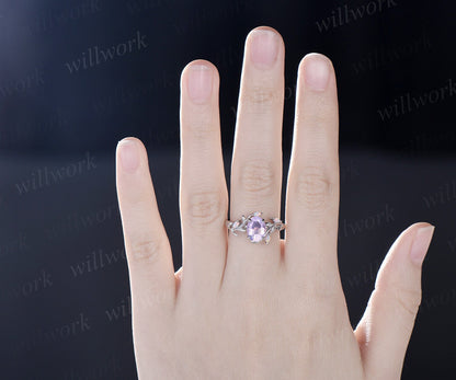 Oval Lavender Amethyst ring vintage leaf marquise opal ring women five stone unique nature inspired engagement ring twig wedding ring gift