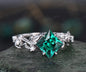 Princess cut green emerald engagement ring set 14k white gold five stone leaf branch Nature inspired ring diamond bridal ring set women gift