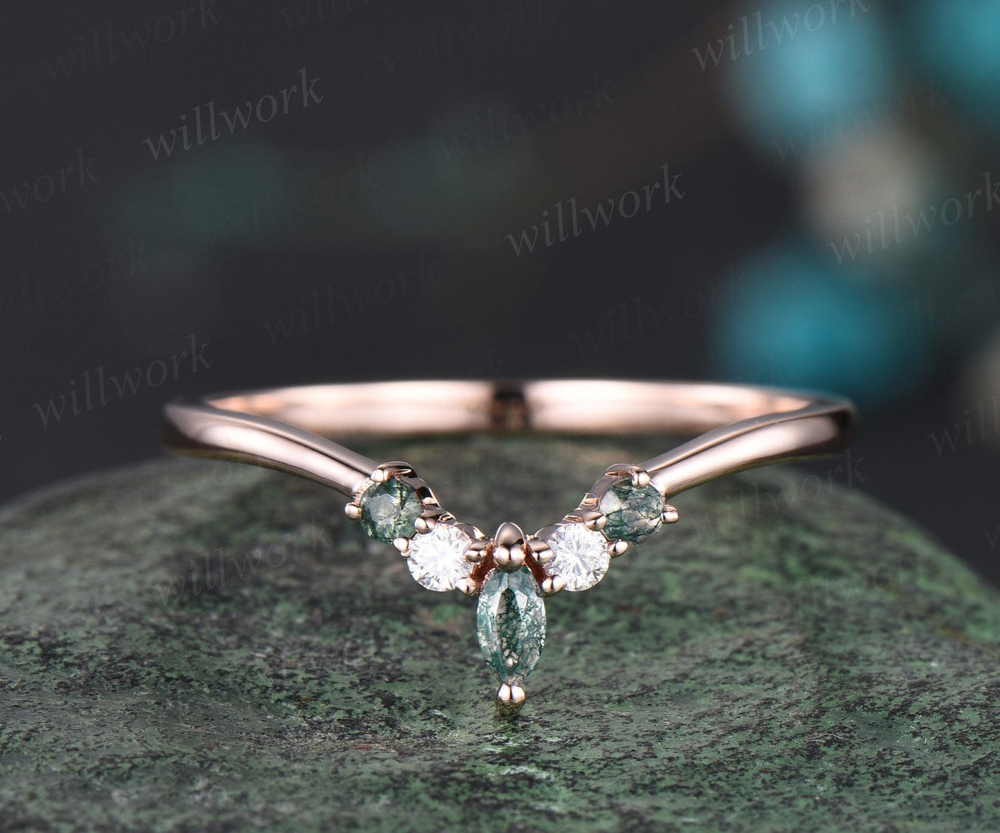 Curved moss agate wedding band solid 14k rose gold matching stacking moissanite wedding ring band women anniversary ring gift