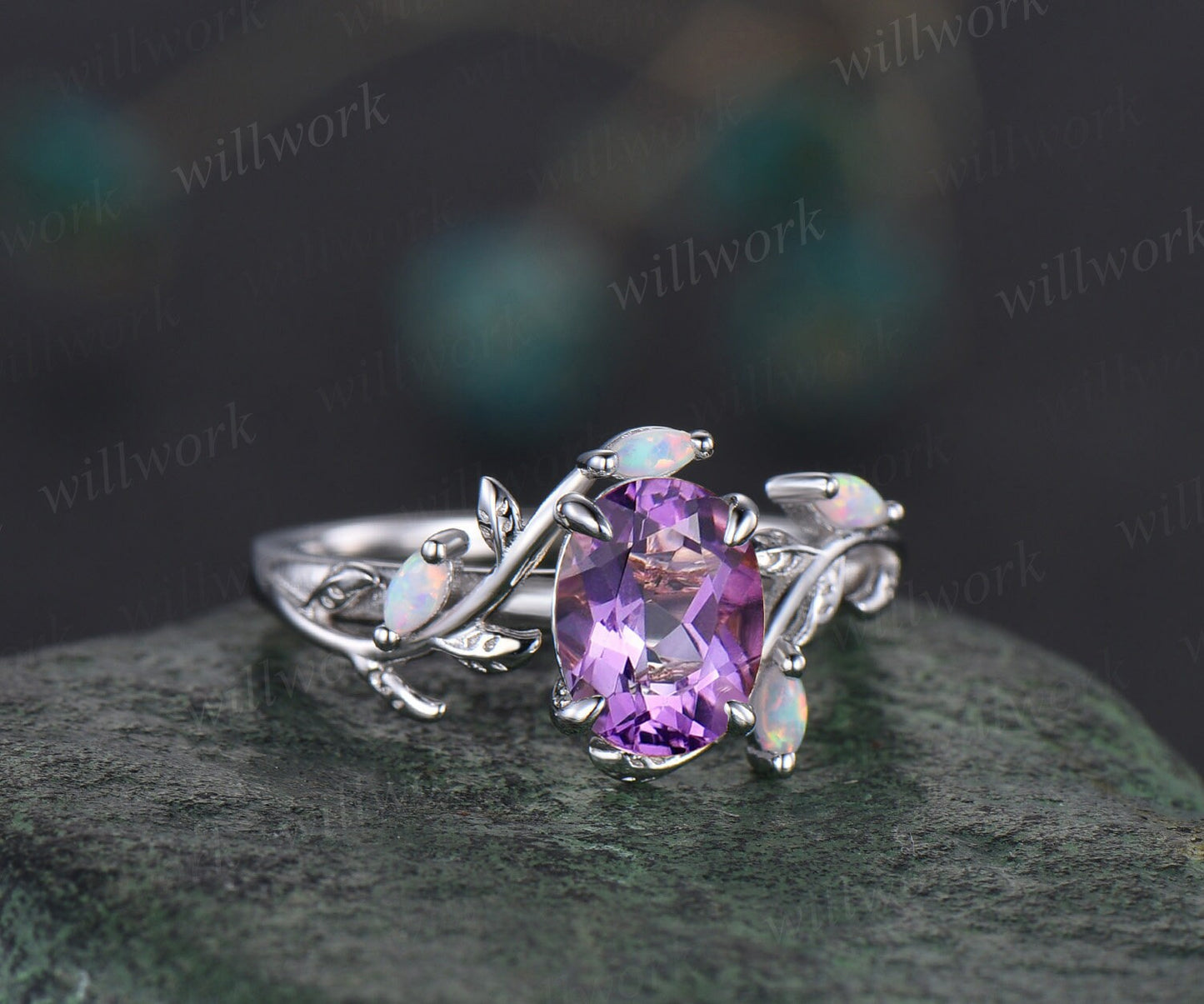 Oval cut purple amethyst ring vintage five stone opal ring rose gold leaf nature inspired engagement ring twisted wedding ring set women