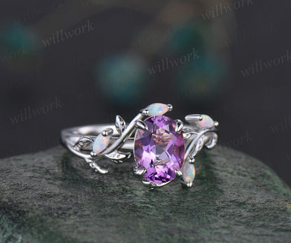 Oval cut purple amethyst ring vintage five stone opal ring rose gold leaf nature inspired engagement ring twisted wedding ring set women