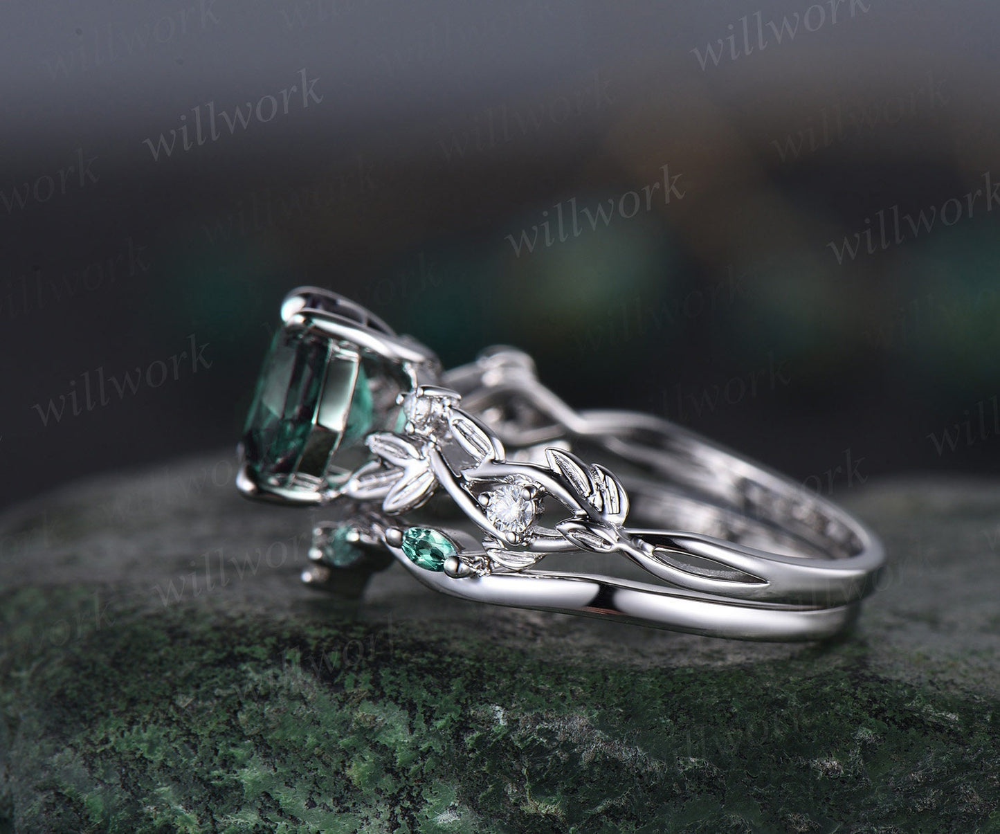 Princess cut green emerald engagement ring set 14k white gold five stone leaf branch Nature inspired ring diamond bridal ring set women gift