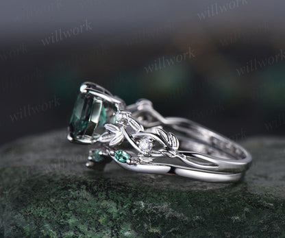 Princess cut green emerald engagement ring set 14k white gold five stone leaf branch Nature inspired ring diamond bridal ring set women gift