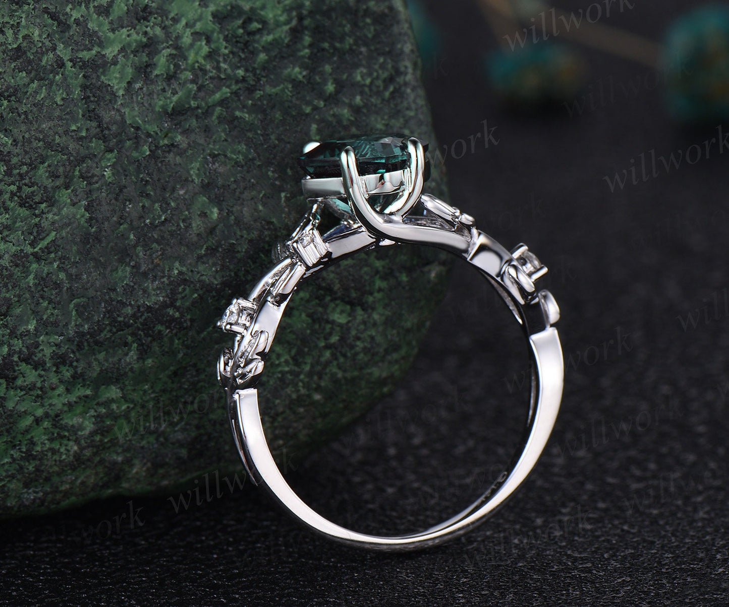 Princess cut green emerald engagement ring set 14k white gold five stone leaf branch Nature inspired ring diamond bridal ring set women gift