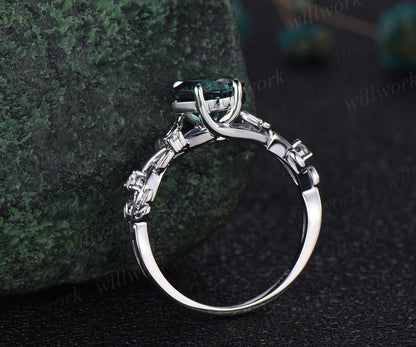 Princess cut green emerald engagement ring set 14k white gold five stone leaf branch Nature inspired ring diamond bridal ring set women gift