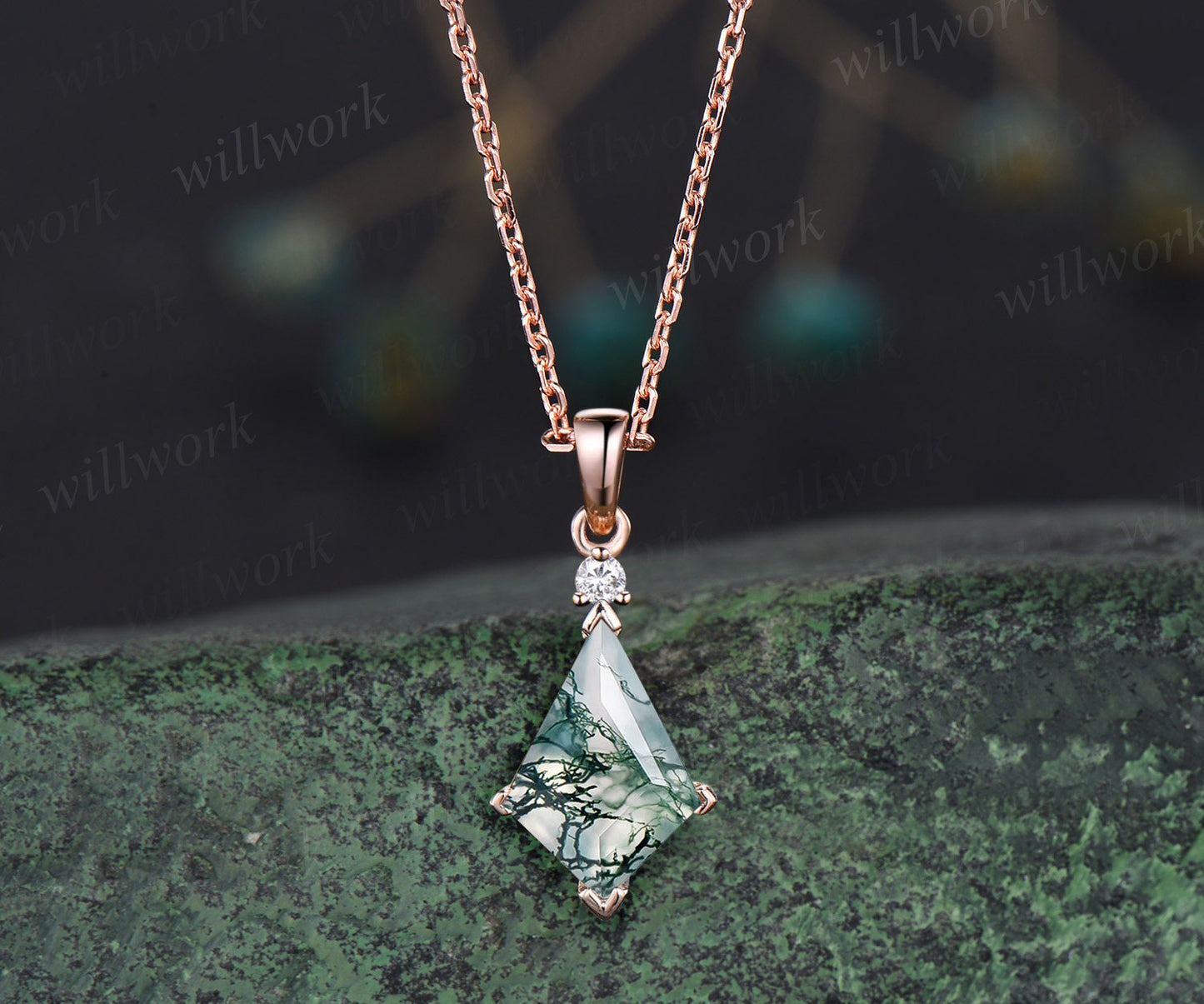 Kite natural moss agate necklace solid 14k 18k white gold vintage unique Personalized pendant for women her anniversary bridal gift mother