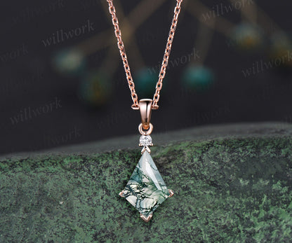 Kite natural moss agate necklace solid 14k 18k white gold vintage unique Personalized pendant for women her anniversary bridal gift mother