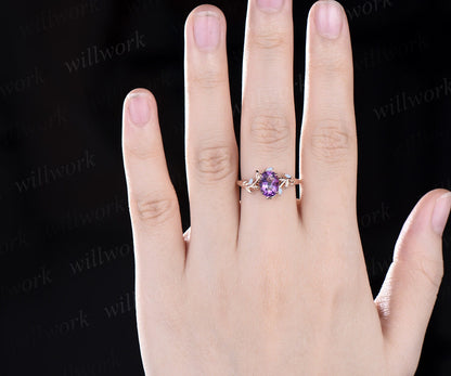 Oval cut purple amethyst ring vintage five stone opal ring rose gold leaf nature inspired engagement ring twisted wedding ring set women