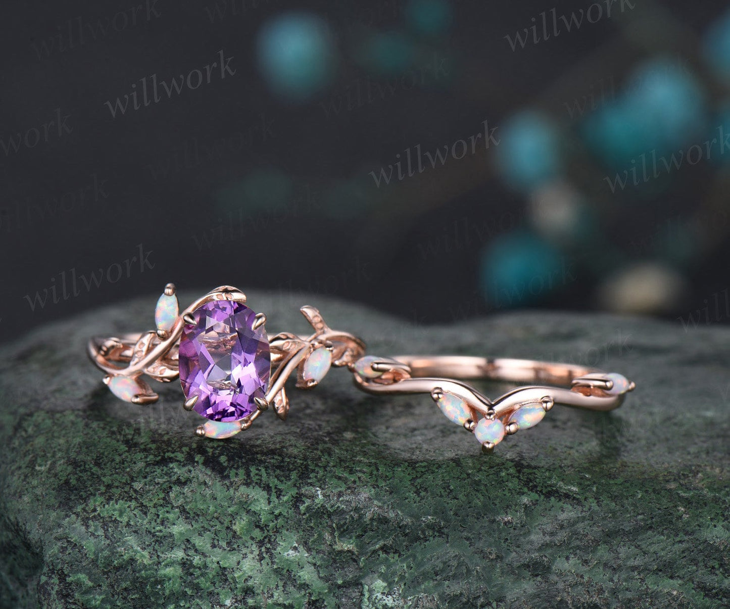 Oval cut purple amethyst ring vintage five stone opal ring rose gold leaf nature inspired engagement ring twisted wedding ring set women