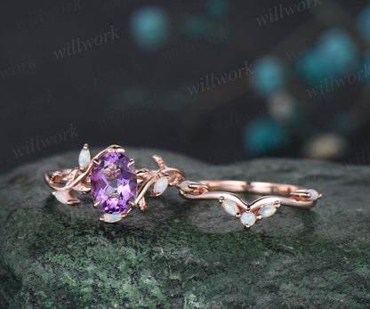 Oval cut purple amethyst ring vintage five stone opal ring rose gold leaf nature inspired engagement ring twisted wedding ring set women