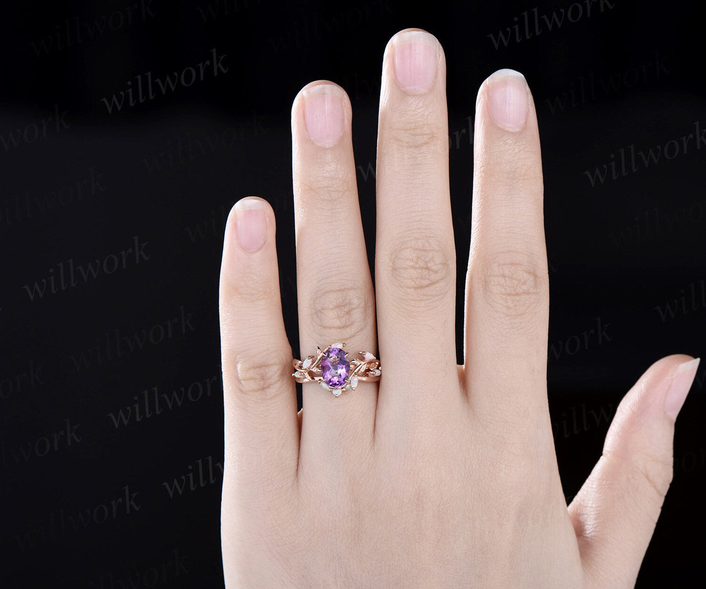 Oval cut purple amethyst ring vintage five stone opal ring rose gold leaf nature inspired engagement ring twisted wedding ring set women