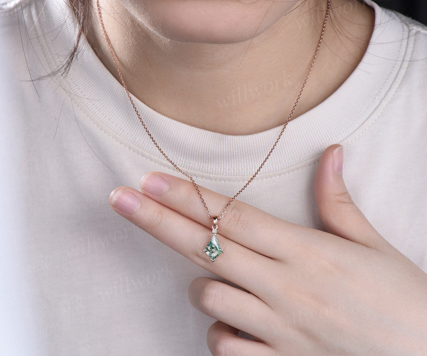 Kite natural moss agate necklace solid 14k 18k white gold vintage unique Personalized pendant for women her anniversary bridal gift mother
