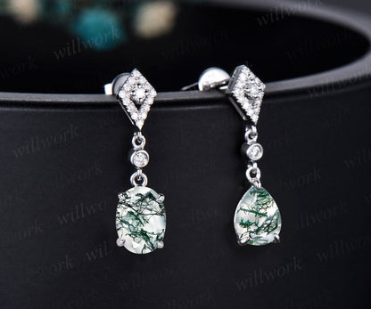 Vintage pear oval cut green moss agate earrings women solid 14k white gold dainty kite halo diamond drop earrings anniversary gift for her