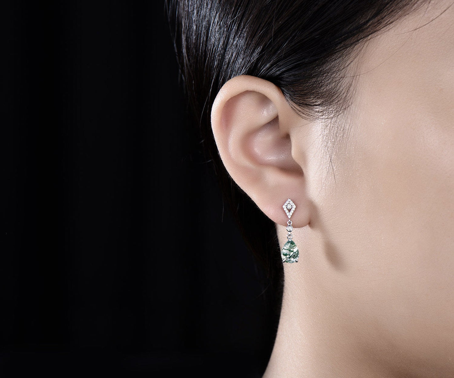 Vintage pear oval cut green moss agate earrings women solid 14k white gold dainty kite halo diamond drop earrings anniversary gift for her