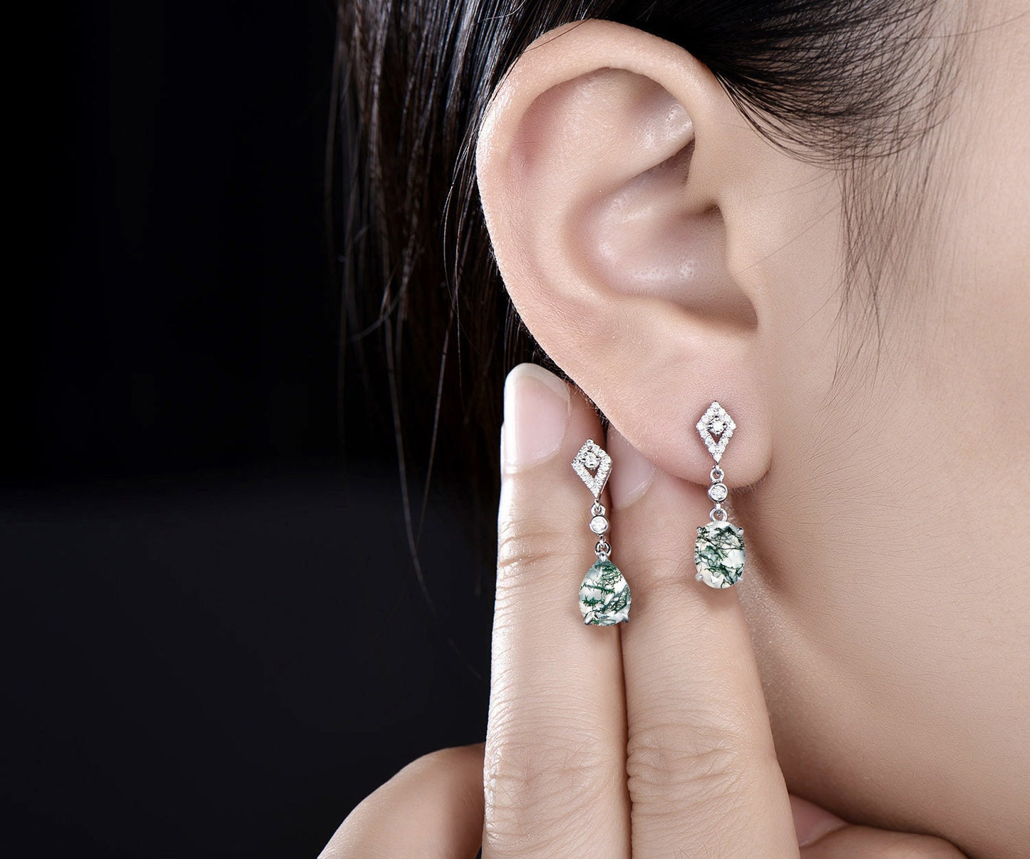 Vintage pear oval cut green moss agate earrings women solid 14k white gold dainty kite halo diamond drop earrings anniversary gift for her