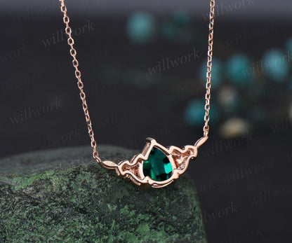 Pear shaped green emerald necklace solid 14k 18k rose gold three stone leaf floral nature inspired pendant women anniversary gift mother