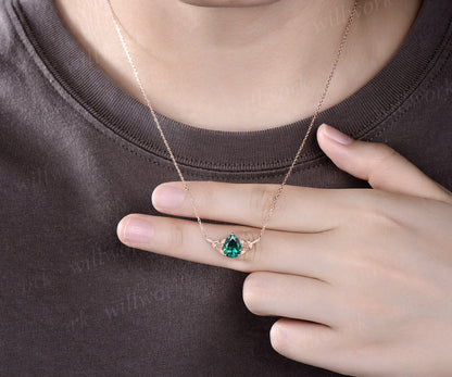 Pear shaped green emerald necklace solid 14k 18k rose gold three stone leaf floral nature inspired pendant women anniversary gift mother