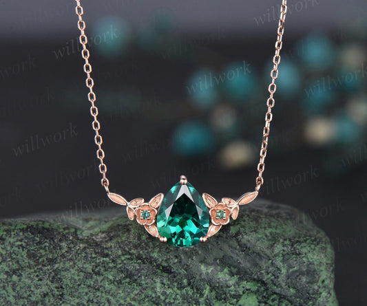 Pear shaped green emerald necklace solid 14k 18k rose gold three stone leaf floral nature inspired pendant women anniversary gift mother