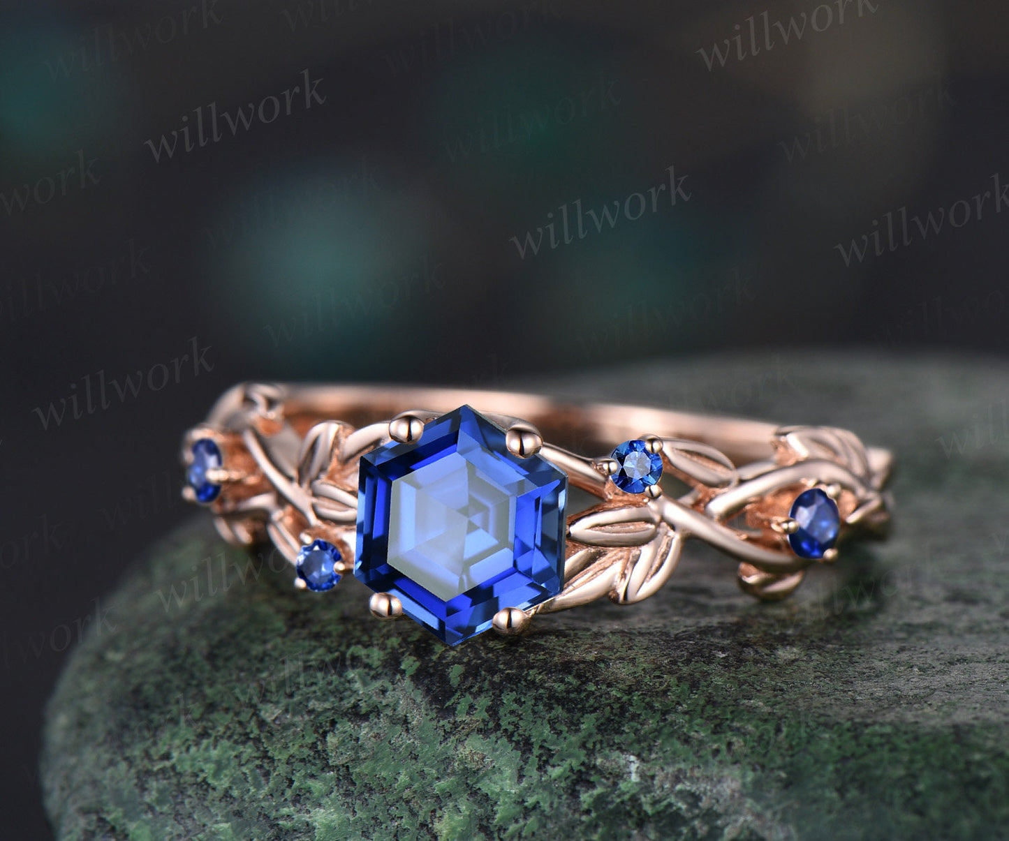 Hexagon cut blue sapphire ring vintage rose gold five stone leaf nature inspired engagement ring twig opal ring women anniversary gift
