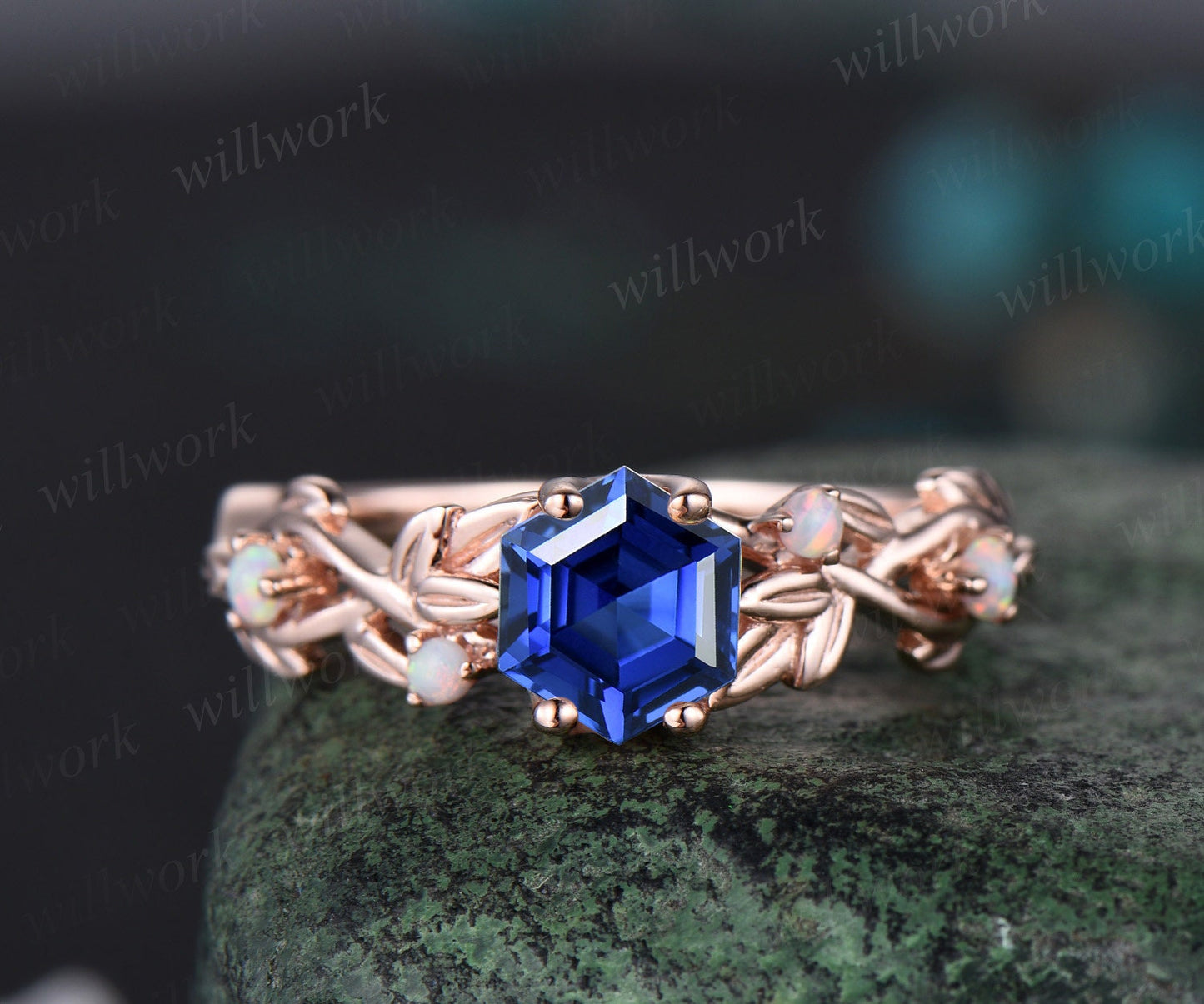 Hexagon cut blue sapphire ring vintage rose gold five stone leaf nature inspired engagement ring twig opal ring women anniversary gift