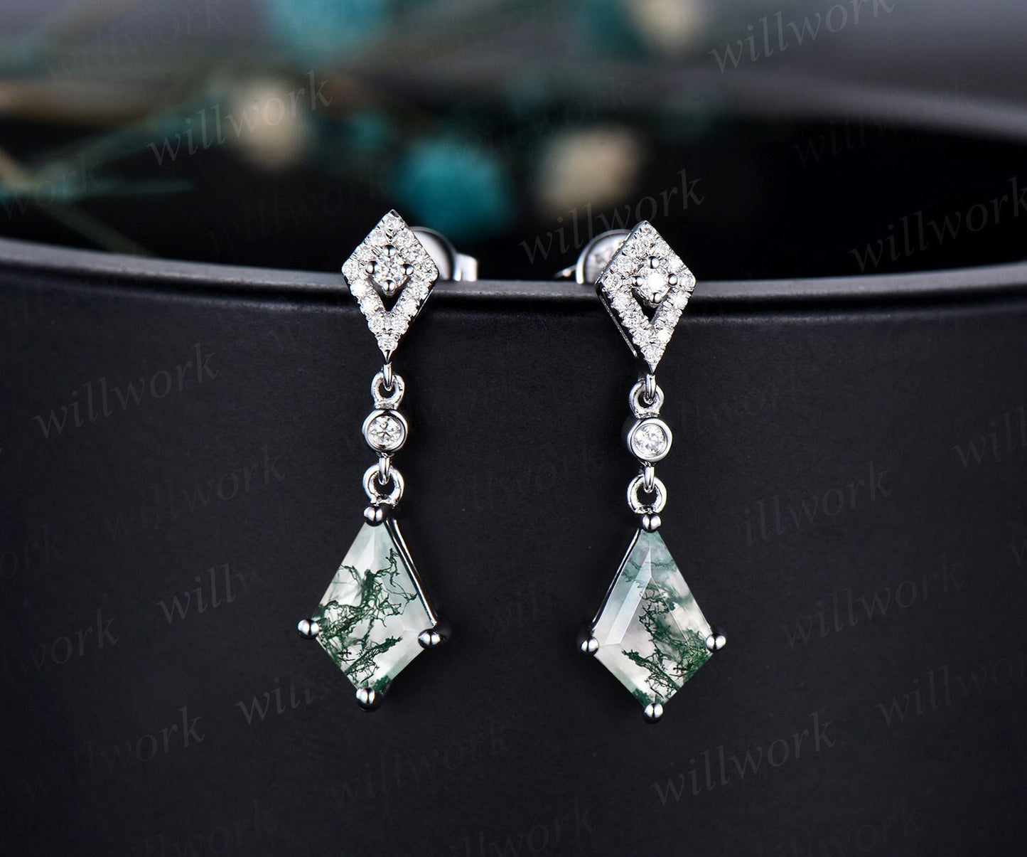 Unique kite cut green moss agate earrings solid 14k white gold halo diamond drop earrings women natural gemstone anniversary gift for her