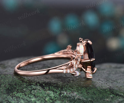 Vintage princess cut alexandrite engagement ring rose gold nature inspired branch half eternity diamond opal anniversary ring women gift