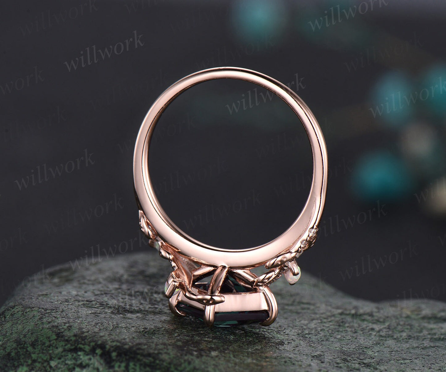 Vintage princess cut alexandrite engagement ring rose gold nature inspired branch half eternity diamond opal anniversary ring women gift