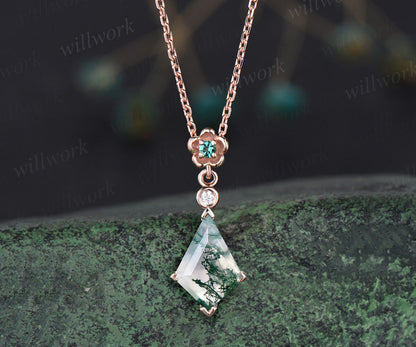 Kite cut natural moss agate necklace solid 14k 18k yellow gold bezel diamond floral emerald pendant women her anniversary bridal gift mother