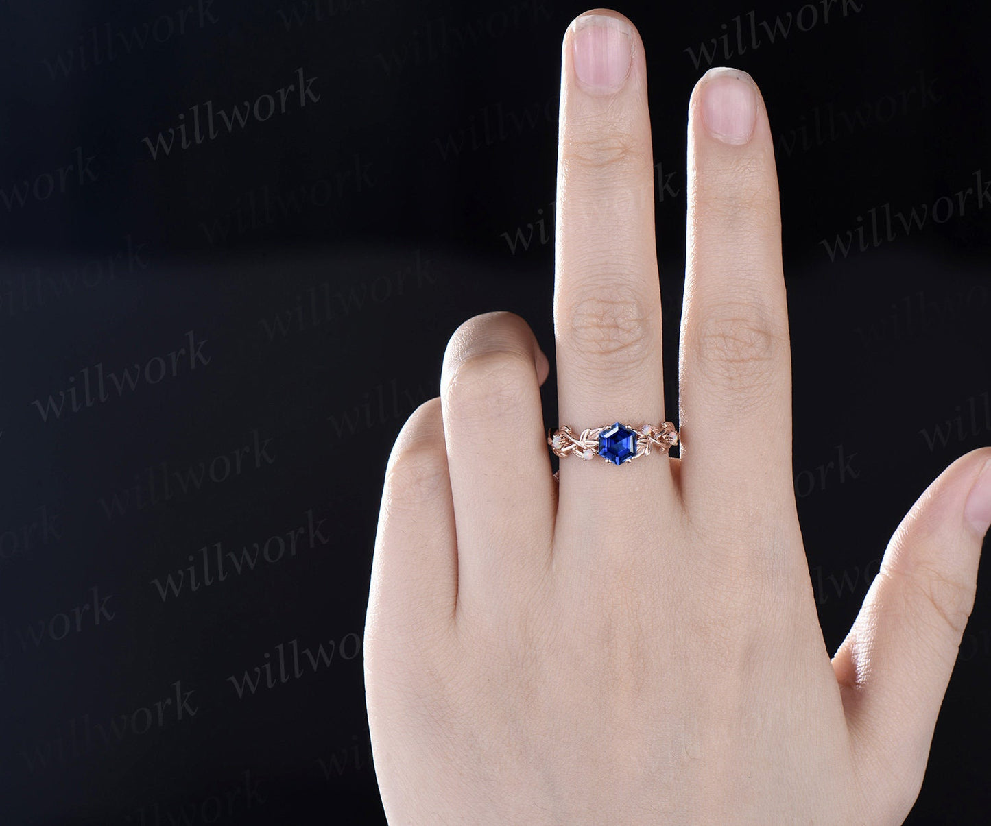 Hexagon cut blue sapphire ring vintage rose gold five stone leaf nature inspired engagement ring twig opal ring women anniversary gift