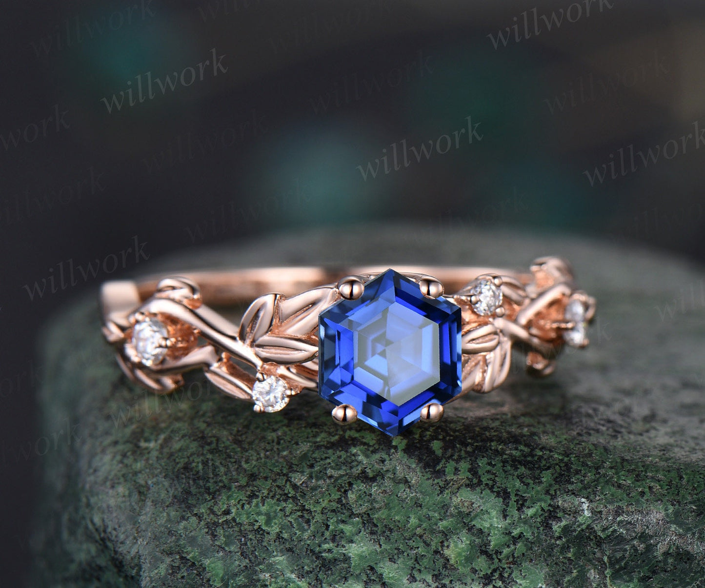 Hexagon cut blue sapphire ring vintage rose gold five stone leaf nature inspired engagement ring twig opal ring women anniversary gift
