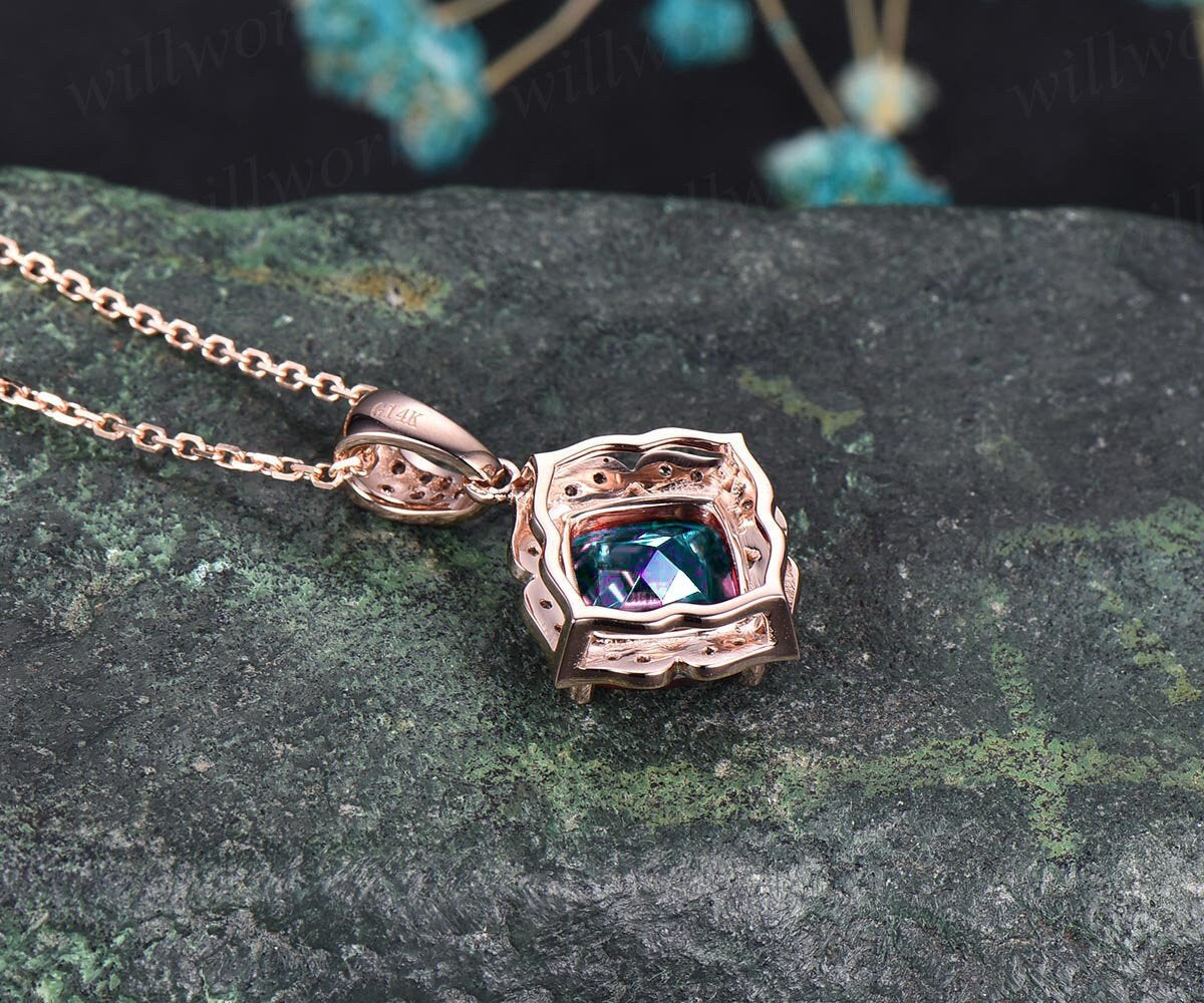 Cushion cut Alexandrite necklace solid 14k 18K rose gold floral halo diamond pendant women antique anniversary gift color change gemstone