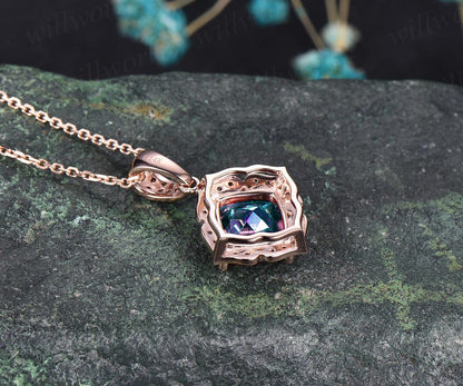 Cushion cut Alexandrite necklace solid 14k 18K rose gold floral halo diamond pendant women antique anniversary gift color change gemstone