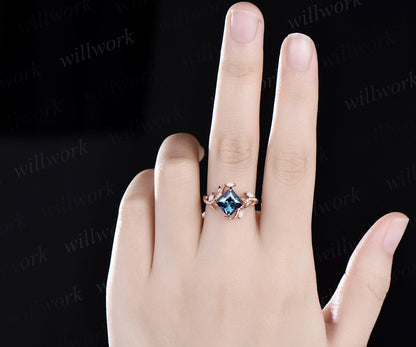 Vintage princess cut alexandrite engagement ring rose gold nature inspired branch half eternity diamond opal anniversary ring women gift