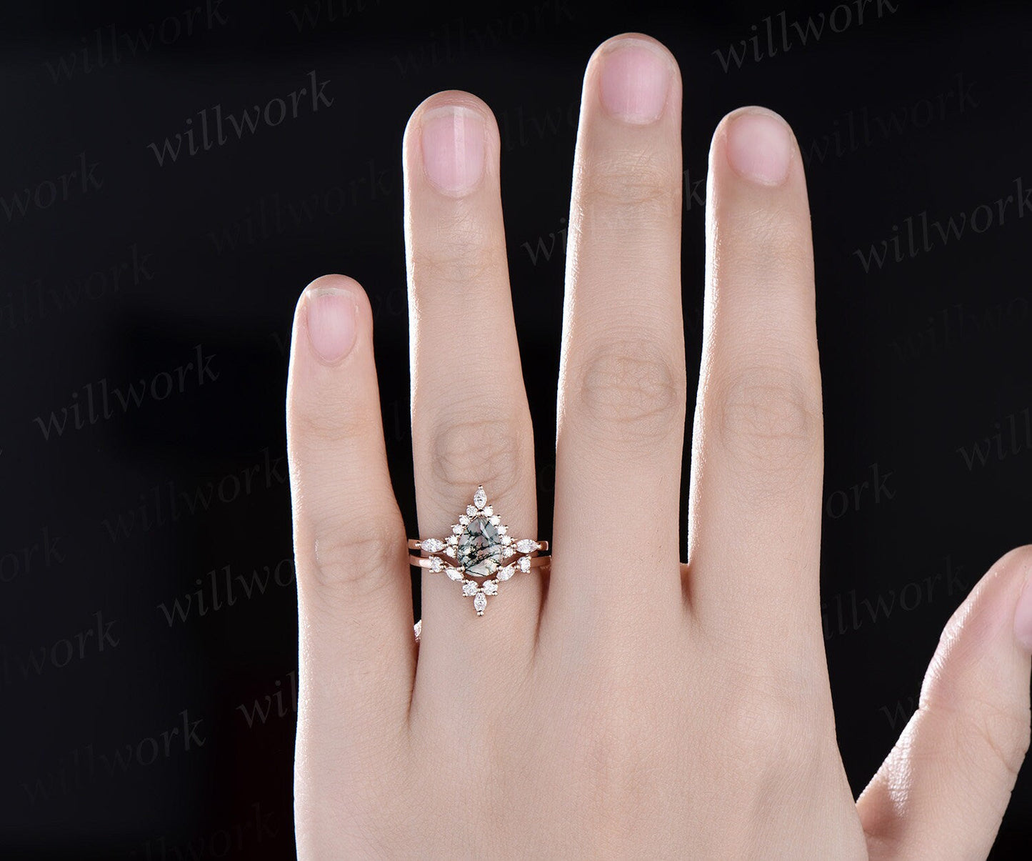 Pear shaped green moss agate ring halo marquise unique engagement ring women solid 14k rose gold gemstone wedding anniversary ring gift