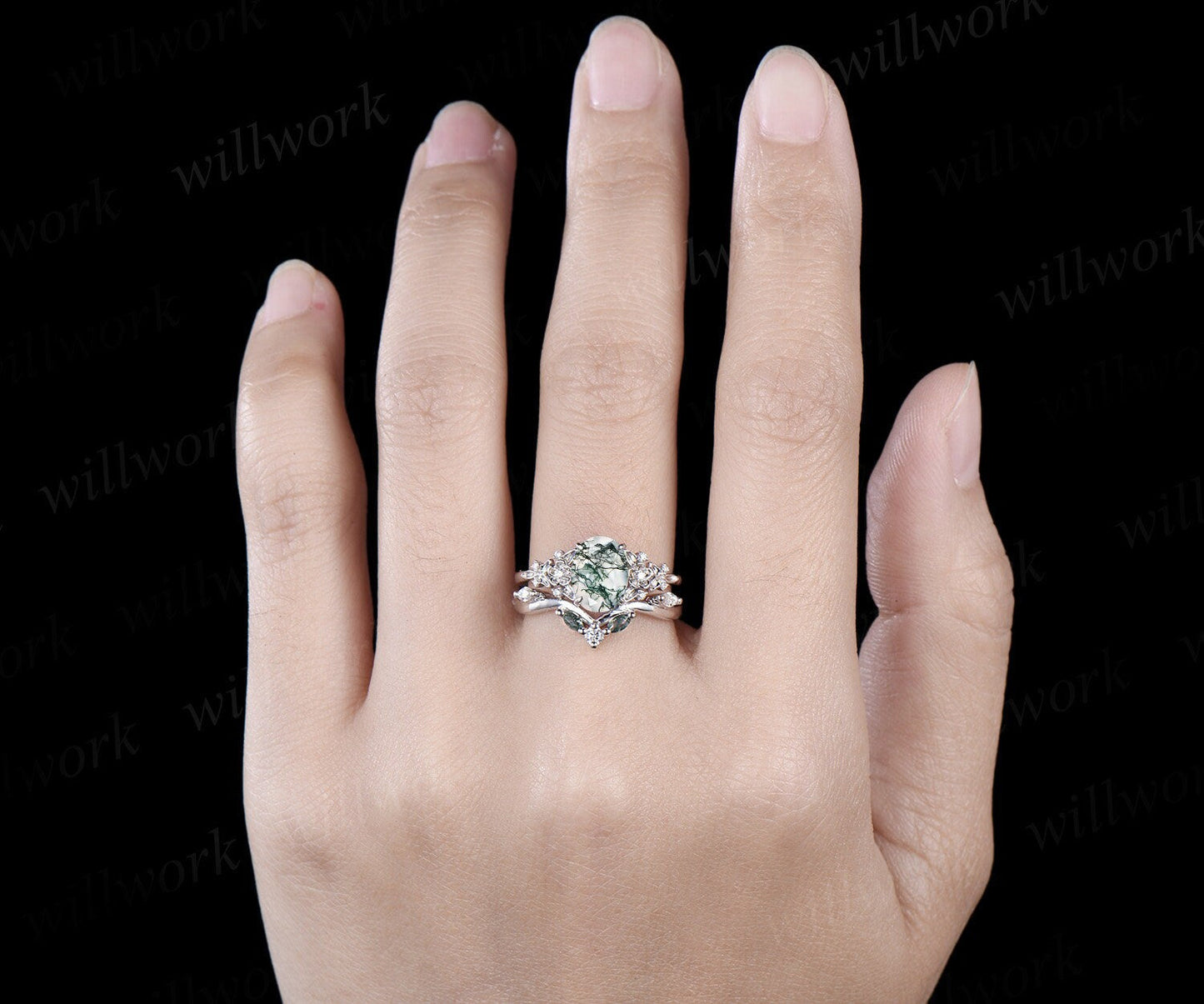 Vintage oval cut green moss agate engagement ring leaf floral solid 14k white gold diamond ring art deco wedding promise ring set women